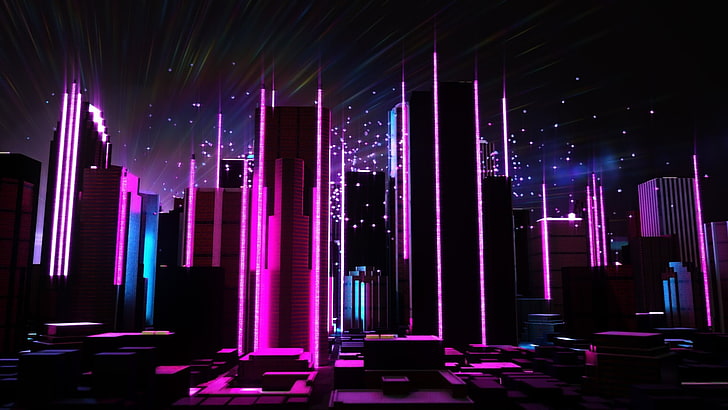 edificios de la ciudad negro y morado, Retrowave, púrpura, fondo morado, rosa, onda de vapor, abstracto, estrellas, coloración selectiva, Fondo de pantalla HD