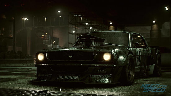 black Ford Mustang, Mustang, Ford, Need for Speed, 1965, RTR, Ken Block, Game, 2015, Hoonicorn, HD wallpaper HD wallpaper