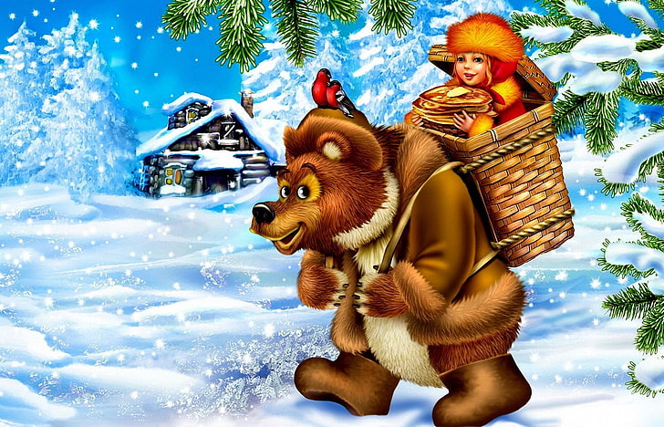 brown bear and boy illustration, snow, birds, house, basket, oil, tale, bear, girl, pancakes, carnival, bullfinches, HD wallpaper