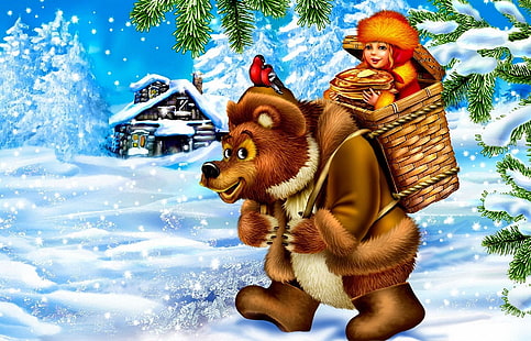 brown bear and boy illustration, snow, birds, house, basket, oil, tale, bear, girl, pancakes, carnival, bullfinches, HD wallpaper HD wallpaper