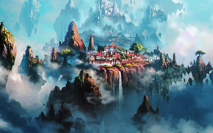 cloud, town, fantasy, anime, liang, xing, illustration, art, green, HD wallpaper