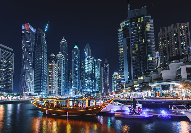 Dubai, cityscape, night, boat, HD wallpaper
