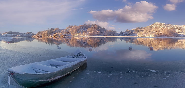 winter, lake, boat, Norway, Rogaland, Egersund, Eigersund, Rogaland county, HD wallpaper