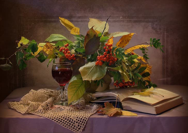 leaves, branches, berries, glass, book, drink, still life, table, Rowan, napkin, Kovaleva Svetlana, HD wallpaper
