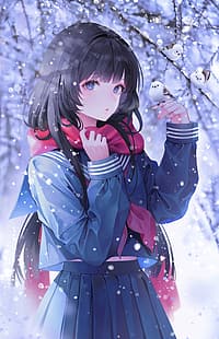  anime girls, women, schoolgirl, school uniform, snow, winter, scarf, dark hair, birds, HD wallpaper HD wallpaper