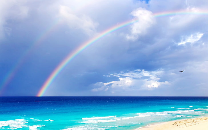 Papel tapiz de escritorio Double Rainbow Over Beach-2014 HD .., arco iris en la ilustración del cuerpo de agua, Fondo de pantalla HD