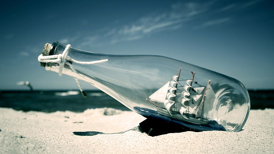 impossible bottle boat, photography, bottles, ship, sand, sea, ship in a bottle, sailing ship, beach, HD wallpaper HD wallpaper