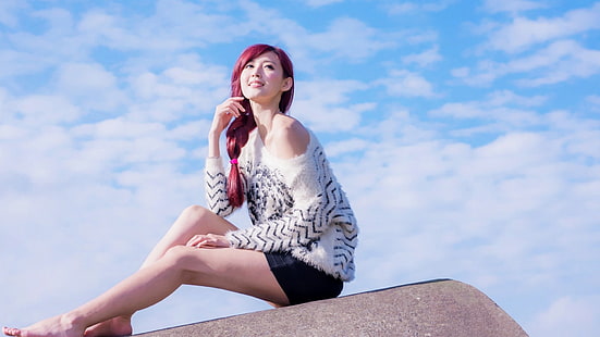 모델, 사진, 여자, 아시아, 맨발, 분홍색 머리, 앉아, 다리, HD 배경 화면 HD wallpaper