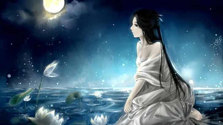 Dziewczyny, noc, księżyc, lilia wodna, malarstwo, piękny nastrój, kobieta w białej sukni siedząca przed kwiatami lilii podczas nocnego malowania, dziewczyny, noc, księżyc, lilia wodna, malarstwo, piękny nastrój, Tapety HD