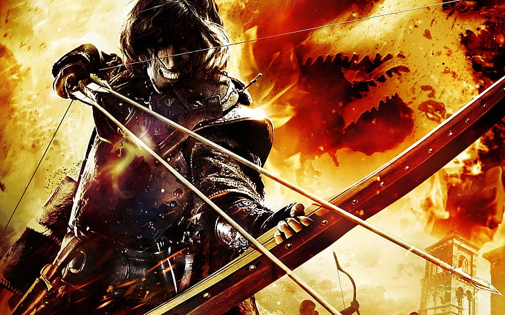man holding arrow wallpaper, dragons dogma, bow, arrows, fire, teeth, HD wallpaper