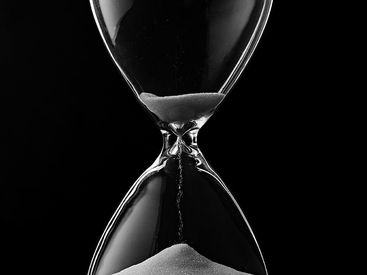 grayscale photo of hourglass digital wallpaper, glass, black, sand, time, hourglass, HD wallpaper