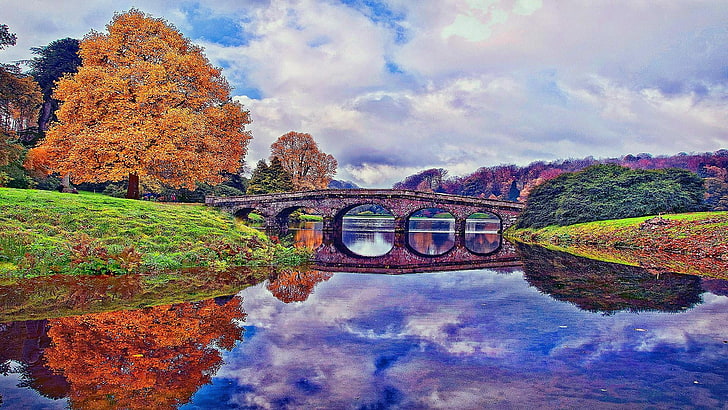 reflection, nature, stourhead gardens, sky, wiltshire, water, tree, autumn, river, bank, watercourse, united kingdom, landscape, europe, canal, reflected, HD wallpaper