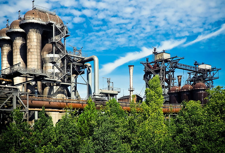 blue sky, chimney, clouds, factory, fuel, industrial plant, industry, machinery, metal, old, pipes, production, rusty, smoke, steel, technology, trees, HD wallpaper