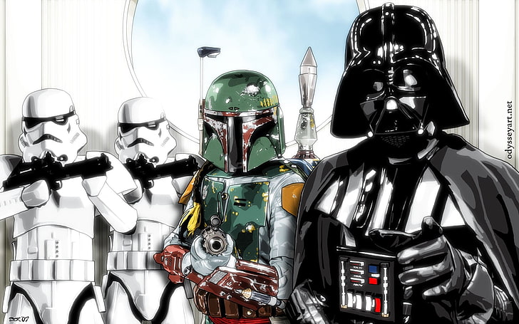 Star Wars Darth Vader, Bobafett i dwóch Stormtrooper, Star Wars, Darth Vader, Boba Fett, stormtrooper, Tapety HD