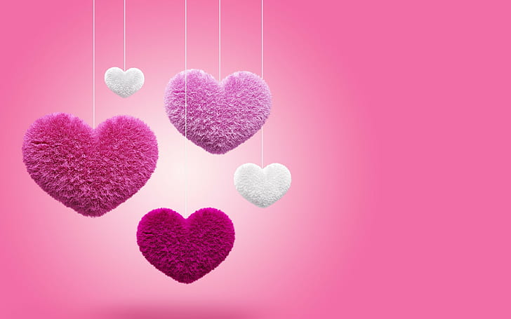 Różowe serduszka 3D, serce różowe i białe zawieszki, Miłość, 3d, różowe, serduszka, puszyste, Tapety HD
