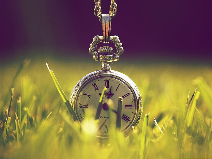 Стар джобен часовник, часовник, време, трева, фото изкуство, 3d и абстрактно, HD тапет