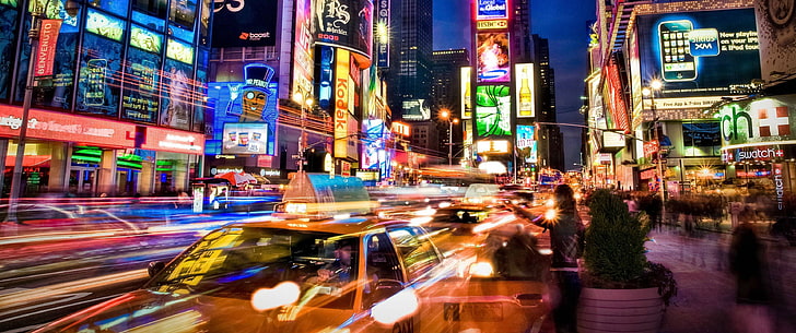 berbagai macam mobil mainan plastik dengan kotak, neon, jalan, kota, Kota New York, Wallpaper HD
