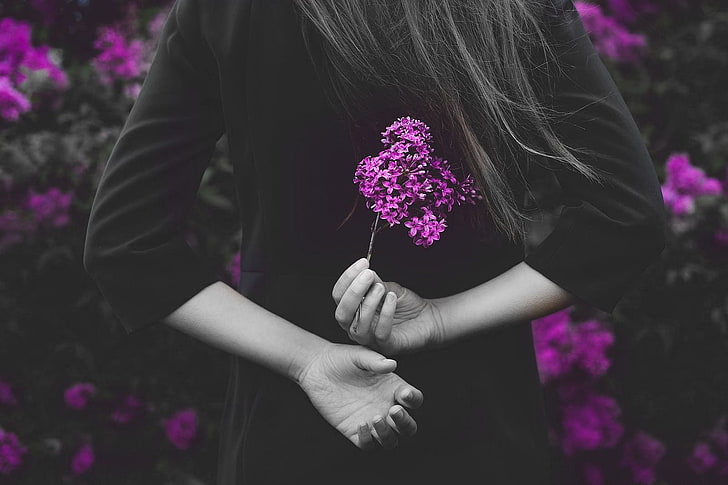 фиолетовый, цветы, избирательная окраска, женщины, руки, HD обои