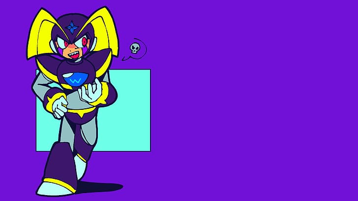 Mega Man, rockman, robot, skull, video games, looking sideways, red eyes, simple background, purple background, Capcom, HD wallpaper