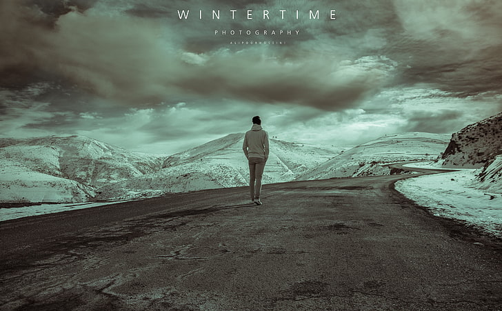 Winter, Aero, Creative, Walking, Winter, Road, Mountains, Alone, cold, snow, HD wallpaper
