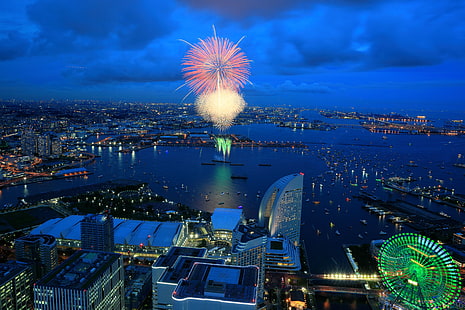 japonia, jokohama, festiwal sztucznych ogni, widok z góry, budynki, miasto, Tapety HD HD wallpaper