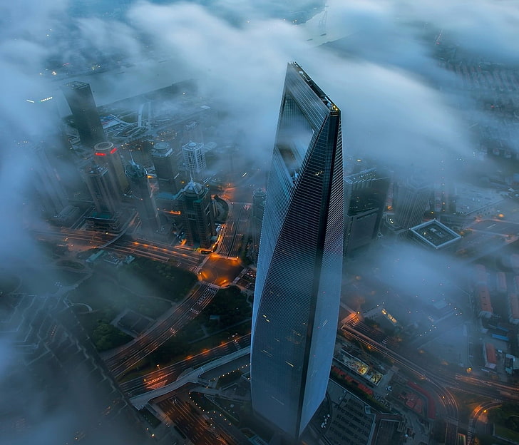 Tapeta Shanghai World Financial Center, widok z lotu ptaka na szary wieżowiec, krajobraz, wieżowiec, niebieski, Szanghaj, Chiny, pejzaż miejski, nowoczesny, architektura, miasto, metropolia, oświetlenie uliczne, Tapety HD