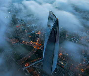 Шанхайский всемирный финансовый центр обои, с высоты птичьего полета серый небоскреб, пейзаж, небоскреб, синий, Шанхай, Китай, городской пейзаж, современный, архитектура, городской, мегаполис, уличный свет, HD обои HD wallpaper