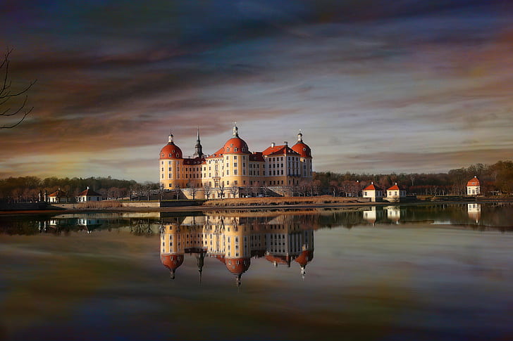 pond, reflection, castle, the evening, Germany, Moritzburg, HD wallpaper