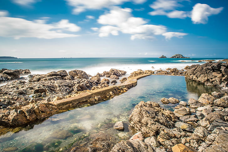 rock seaside with clear ocean wave under cloudy sky at day time, united kingdom, united kingdom, St. Just, Cornwall, United Kingdom, seaside, clear, ocean wave, cloudy, sky, day, time, canon fd, clouds, europe, geotagged, isle, landscape, long exposure, photo, photography, reflections, rocks, sea, sony a7, st just, trip, vacation, Saint Just, England, beach, coastline, nature, rock - Object, summer, blue, scenics, vacations, outdoors, HD wallpaper