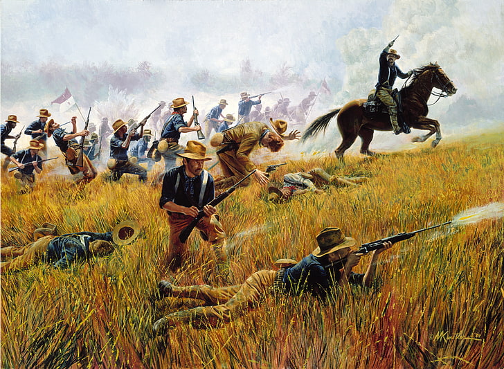 war, horse, Rough Riders by Mort Kunstler, Kettle Hill, July 1, 1898 -- With the declaration of war with Spain in April, cowboy, Santiago, Cuba, HD wallpaper