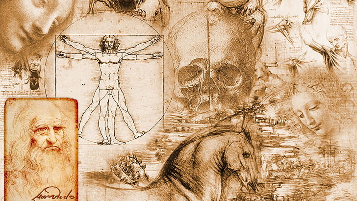 wallpaper ikon sejarah, Leonardo da Vinci, Pria Vitruvian, karya seni, kolase, sains, Wallpaper HD