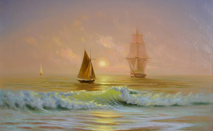 Ships On The Ocean Painting, white sailing ship and brown sailing boat on body of water painting, Artistic, Drawings, Ocean, Painting, Ships, HD wallpaper