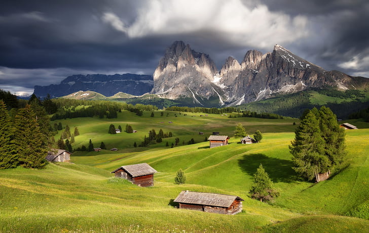 trees, landscape, mountains, clouds, nature, home, Italy, forest, meadows, The Dolomites, Sergey Zalivin, HD wallpaper