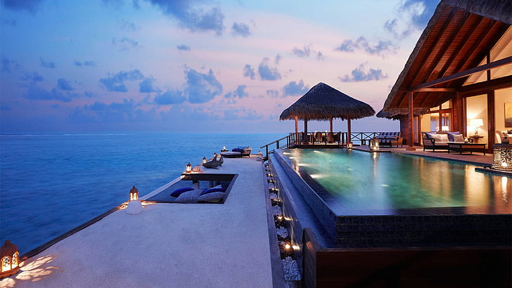 resort, ocean, swimming pool, spa, sky, leisure, exotic, vacation, indian ocean, caribbean, infinity pool, villa, evening, tourism, maldives, emboodhu finolhu, HD wallpaper