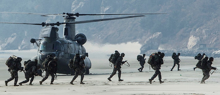軍隊、ヘリコプター、ビーチ、兵士、ボーイングCH-47チヌーク、韓国、大韓民国軍、軍用機、 HDデスクトップの壁紙 HD wallpaper