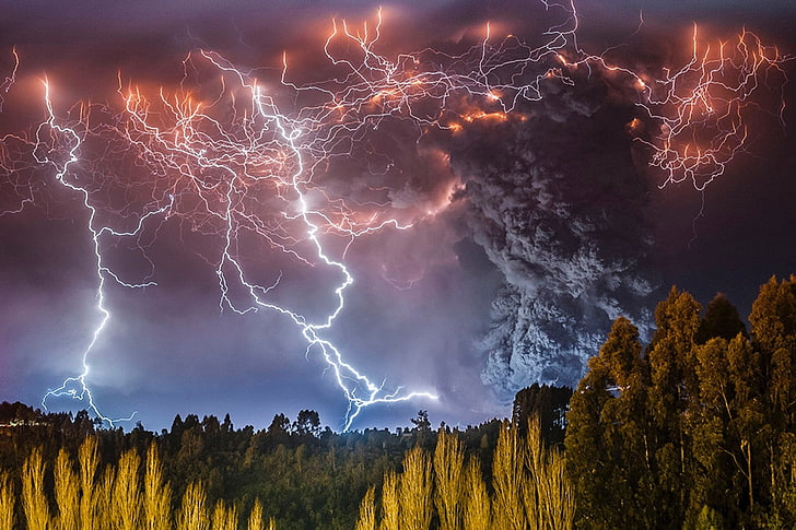 white and orange lightning, photography, nature, landscape, lightning, storm, forest, volcano, night, eruption, Chile, HD wallpaper