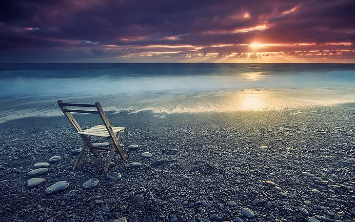 пляж, природа, закат, побережье, пейзаж, облака, кресло, море, спокойствие, камни, HD обои