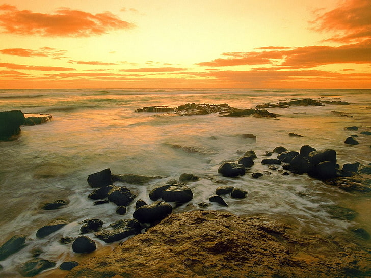 formazione rocciosa grigia, Hawaii, mattina, mare, sabbia, pietre, Sfondo HD
