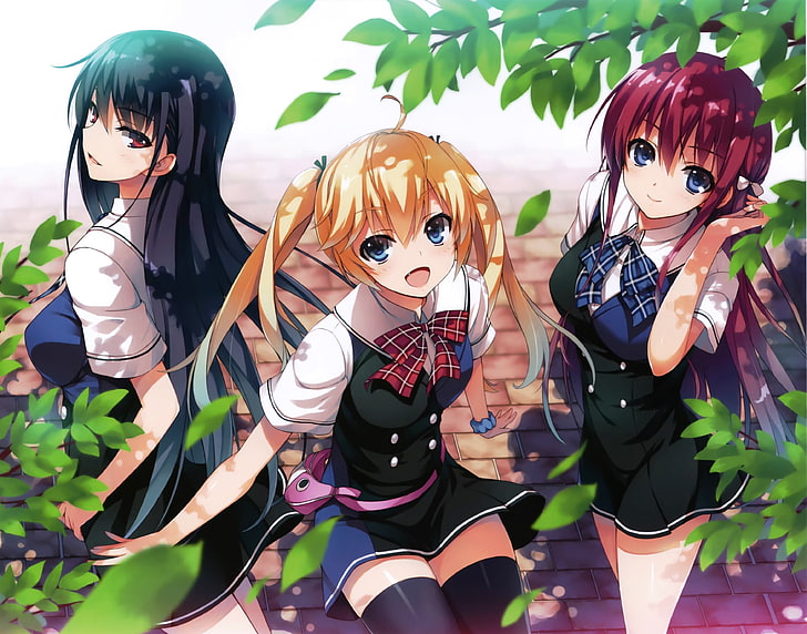 Anime, Anime Girls, Tomose Shunsaku, Matsushima Michiru, Sakaki Yumiko, Suou Amane, Grisaia no Kajitsu, Schuluniform, Schenkelstrümpfe, HD-Hintergrundbild
