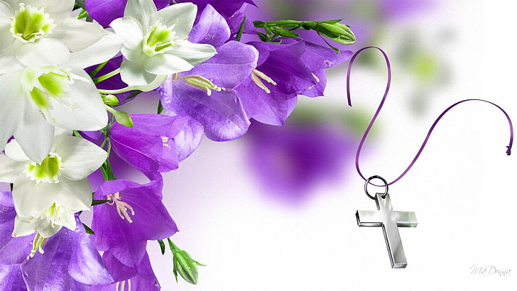 cross, easter, flower, holiday, purple, religious, silver, white, HD wallpaper