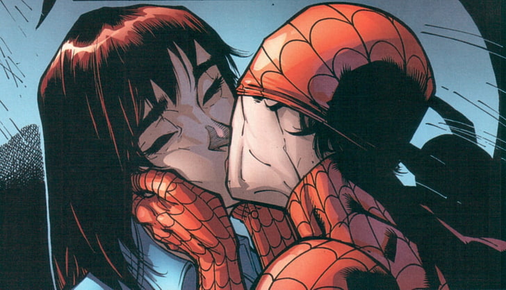 Spider-Man illustration, Mary Jane, Spider-Man, kissing, HD wallpaper