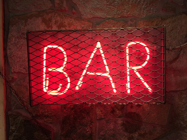 roter Balken Neon Signage, Balken, Inschrift, Hintergrundbeleuchtung, Buchstaben, HD-Hintergrundbild