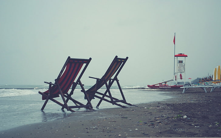 two red and beige folding deckchairs, sea, wave, the sky, clouds, the wind, grey, sunbeds, HD wallpaper