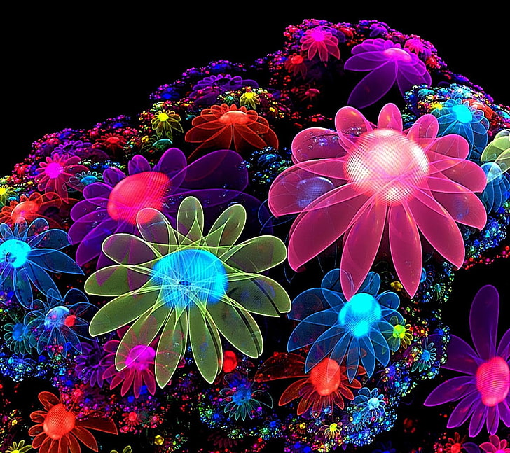 ilustrasi bunga aneka warna, bunga fraktal, berwarna-warni, seni digital, Wallpaper HD