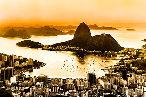 рассвет, панорама, Бразилия, вид сверху, Рио-де-Жанейро, HD обои HD wallpaper