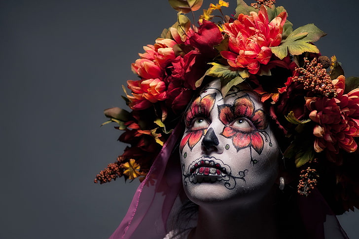 face, women, model, Sugar Skull, Dia de los Muertos, wreaths, face paint, HD wallpaper