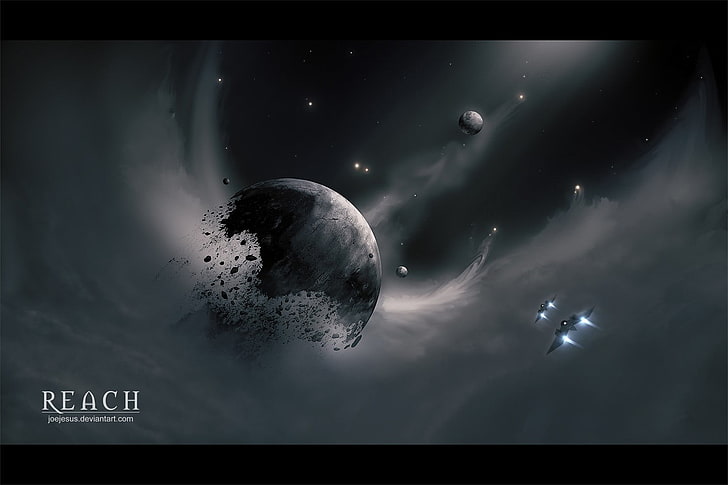 statki kosmiczne w pobliżu ilustracji księżyca, JoeyJazz, spacescapes, przestrzeń, science fiction, planeta, sztuka kosmiczna, Tapety HD