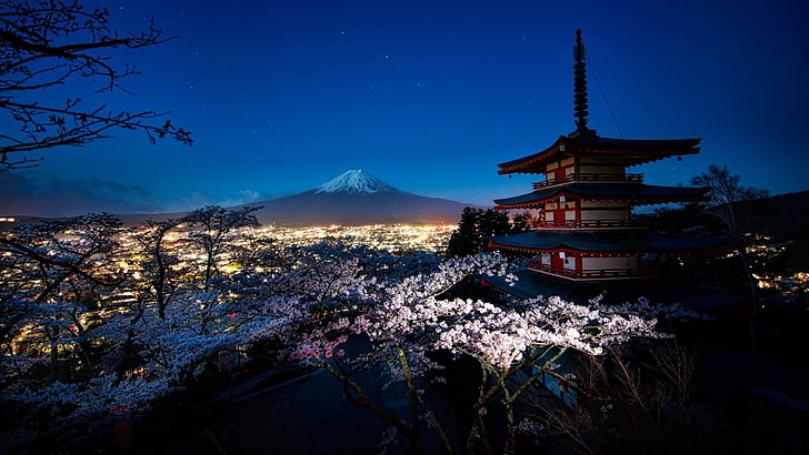 wiosna, yamanashi, fujiyoshida, pagoda chureito, japonia, góra fuji, zamontuj dekoracje, zmierzch, Azja, noc, niebo, wieczór, kwiat wiśni, drzewo, góra, roślina, atrakcja turystyczna, punkt orientacyjny, natura, Tapety HD