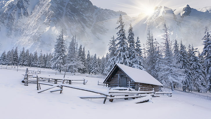 winter, snow, mountain range, mountainous landforms, sky, frost, freezing, tree, mountain, shack, cloud, arctic, HD wallpaper