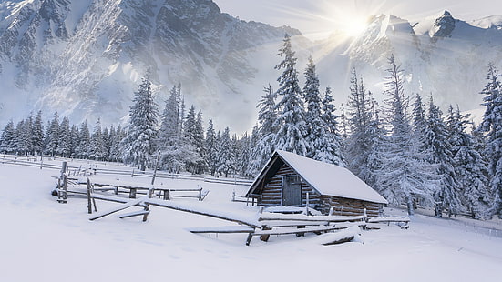 hiver, neige, chaîne de montagnes, reliefs montagneux, ciel, gelée, gel, arbre, montagne, cabane, nuage, arctique, Fond d'écran HD HD wallpaper